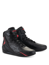 Alpinestars Stella Faster-4 Shoes, Women's Motorcycle Riding Shoes, Black and Diva Pink, technical high-top design with lace closure and adjustable strap, featuring the Alpinestars logo and vibrant pink accents, sleek protective footwear for road riding