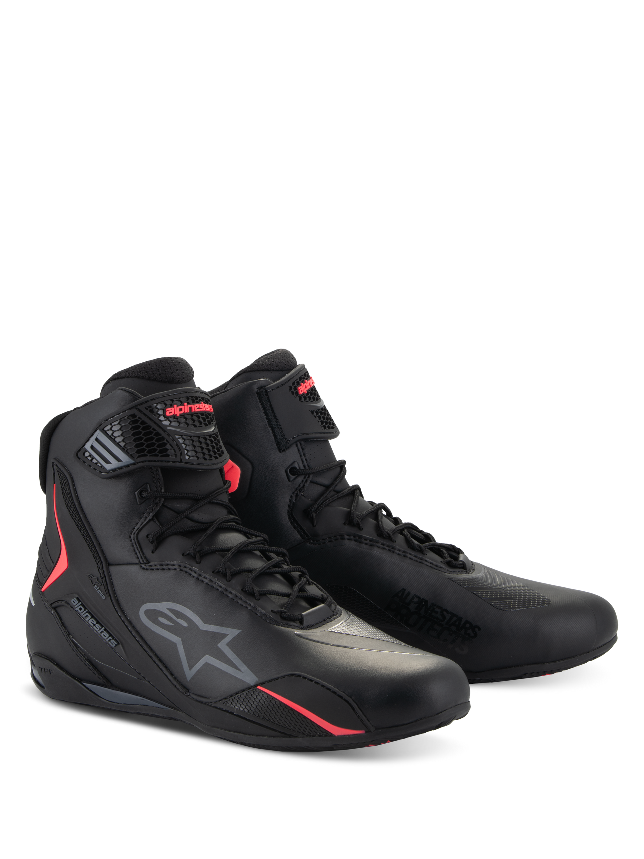 Alpinestars Stella Faster-4 Shoes, Women's Motorcycle Riding Shoes, Black and Diva Pink, technical high-top design with lace closure and adjustable strap, featuring the Alpinestars logo and vibrant pink accents, sleek protective footwear for road riding