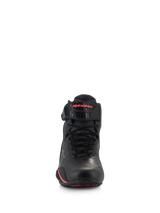 Alpinestars Woman Stella Faster-4 Shoes, Women's Motorcycle Riding Shoes, Black and Diva Pink, front view featuring black laces, adjustable ankle strap with pink logo, and sleek microfiber construction