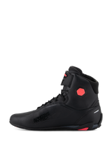 Alpinestars Woman Stella Faster-4 Shoes, Motorcycle Riding Shoes, Black and Diva Pink, featuring seamless microfiber upper, pink hexagonal ankle protector, Alpinestars Protect branding, and integrated lace and strap closure system