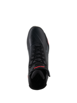 Alpinestars Woman Stella Faster-4 Shoes, Black and Diva Pink, top view of a single motorcycle riding shoe, featuring black laces, an ankle strap with red branding, and a sleek microfiber upper