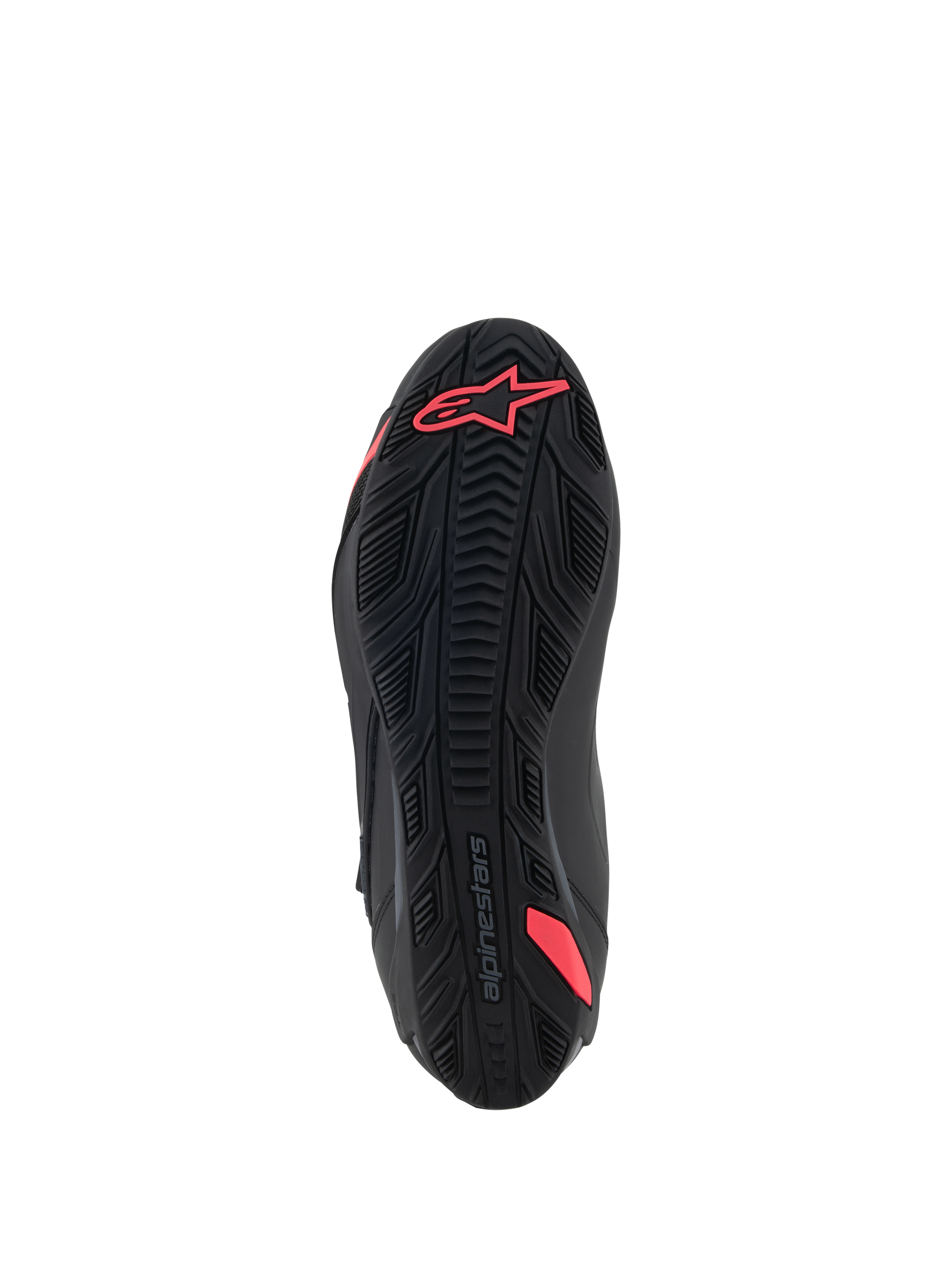 Alpinestars Stella Faster-4 Shoes, bottom view of the sole, Black and Diva Pink, featuring a textured rubber grip pattern, Alpinestars logo on the heel, and integrated shank for support, durable outsole for motorcycle riding