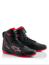 Alpinestars Honda Faster-4 Shoes, Motorcycle Riding Shoes, Black and Red, sleek high-top design with lace-up closure and ankle strap, featuring red soles and Alpinestars and Honda branding.