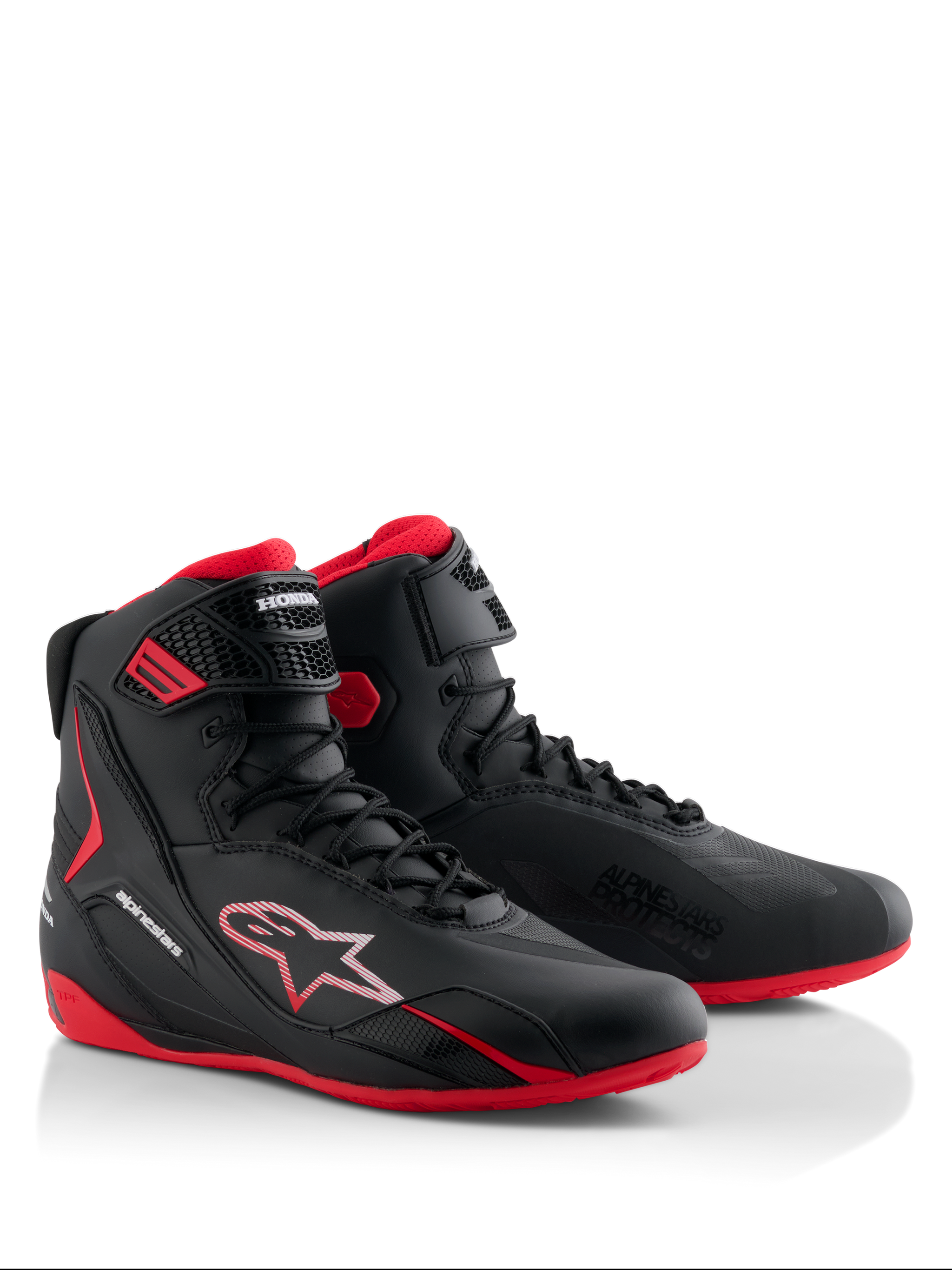 Alpinestars Honda Faster-4 Shoes, Motorcycle Riding Shoes, Black and Red, sleek high-top design with lace-up closure and ankle strap, featuring red soles and Alpinestars and Honda branding.