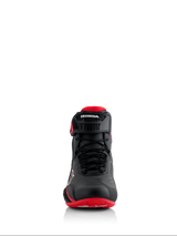 Alpinestars Honda Faster-4 Shoes, Black and Red, Front view, featuring seamless microfiber construction, lace closure, and adjustable ankle strap with Honda branding