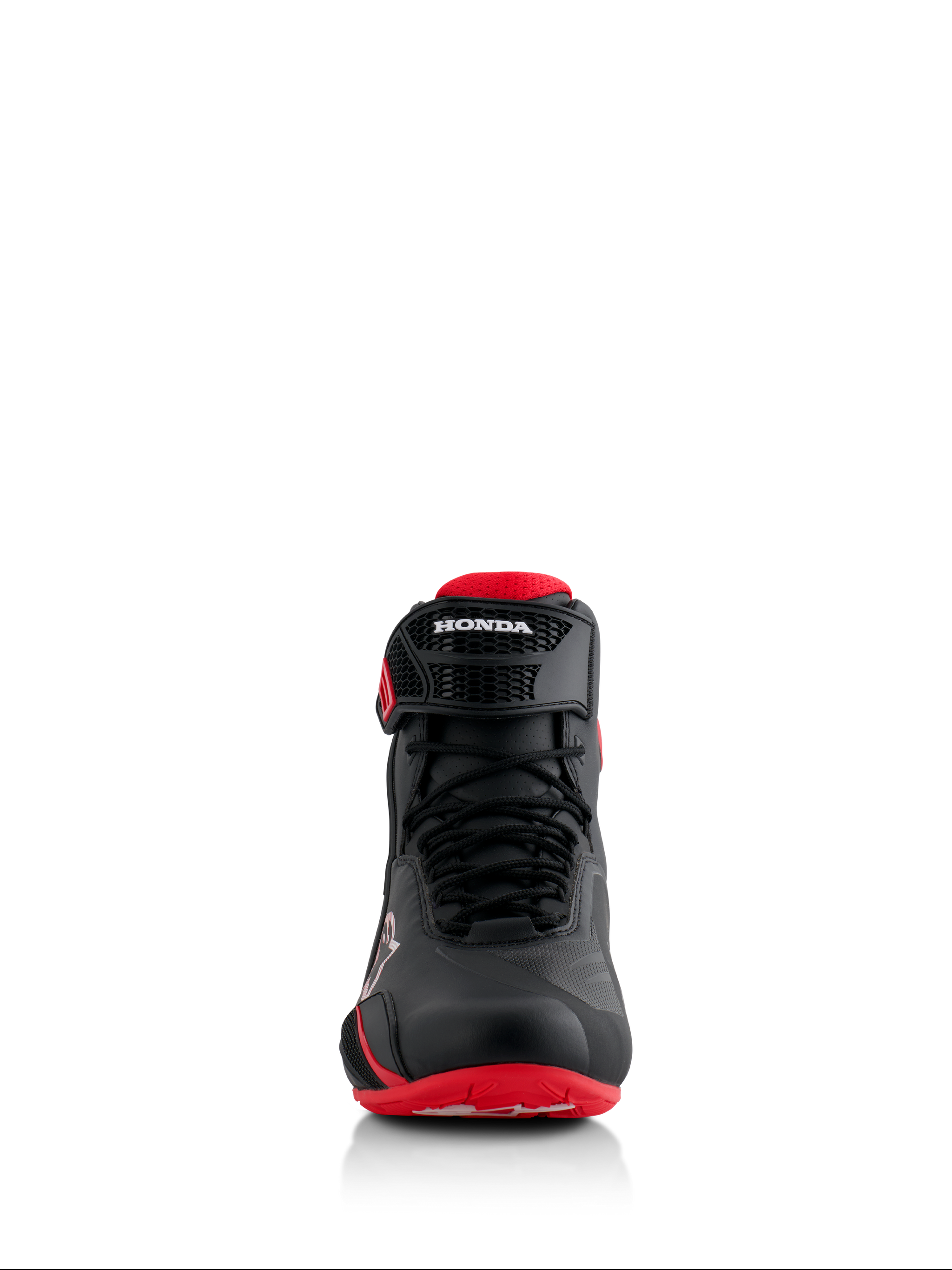 Alpinestars Honda Faster-4 Shoes, Black and Red, Front view, featuring seamless microfiber construction, lace closure, and adjustable ankle strap with Honda branding