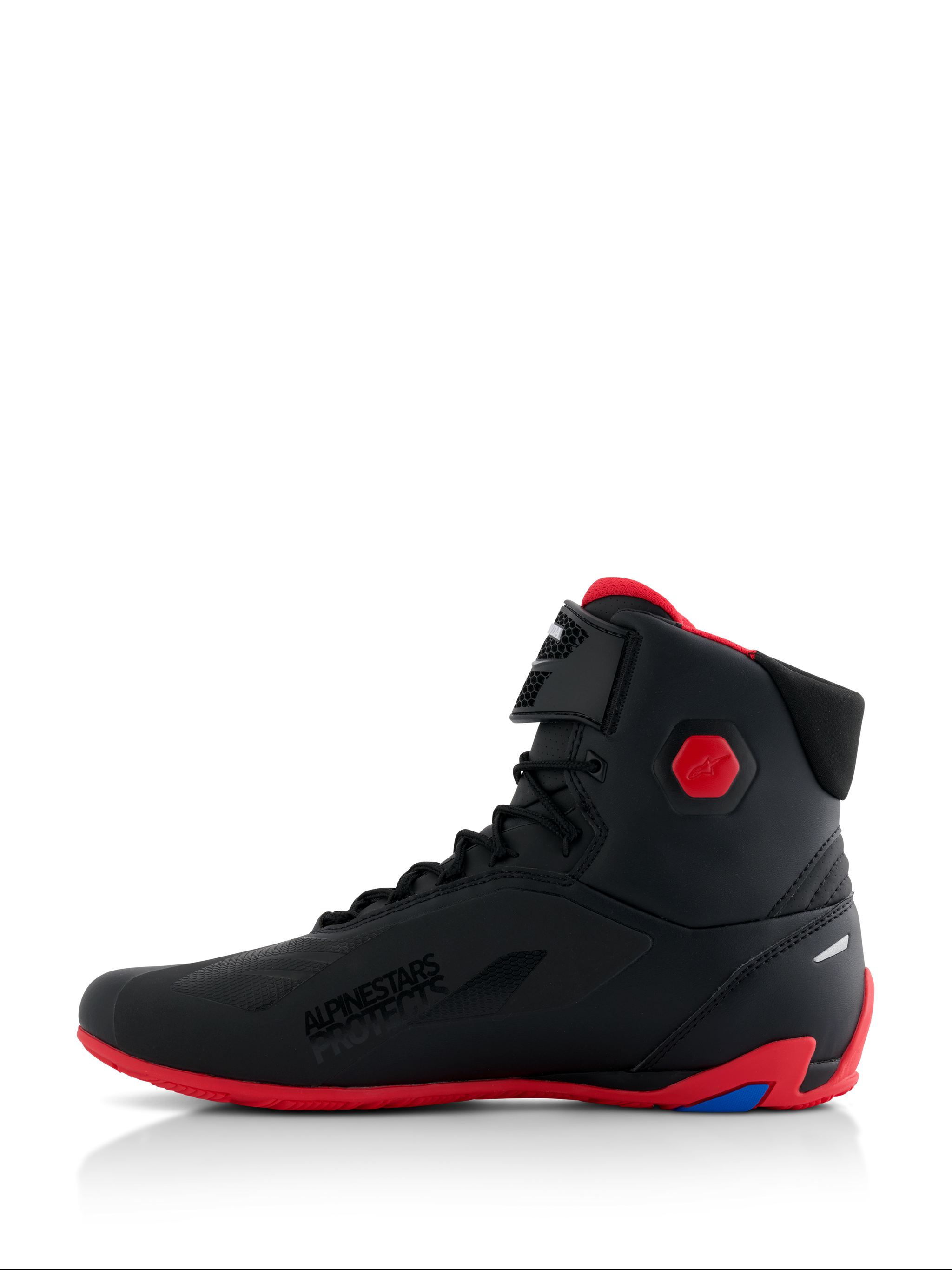 Alpinestars Honda Faster-4 Shoes, Motorcycle Riding Shoes, Black and Red, side profile view, featuring a bright red sole and hexagonal ankle protector, high-top sneaker style with lace closure and hook-and-loop strap, 'Alpinestars Protects' branding, sleek performance footwear for road riding