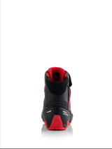 Alpinestars Honda Faster-4 Shoes, motorcycle riding shoes, Black and Red, rear view showing white Honda branding and red TPU heel counter, padded collar with red mesh lining, reflective accents for safety