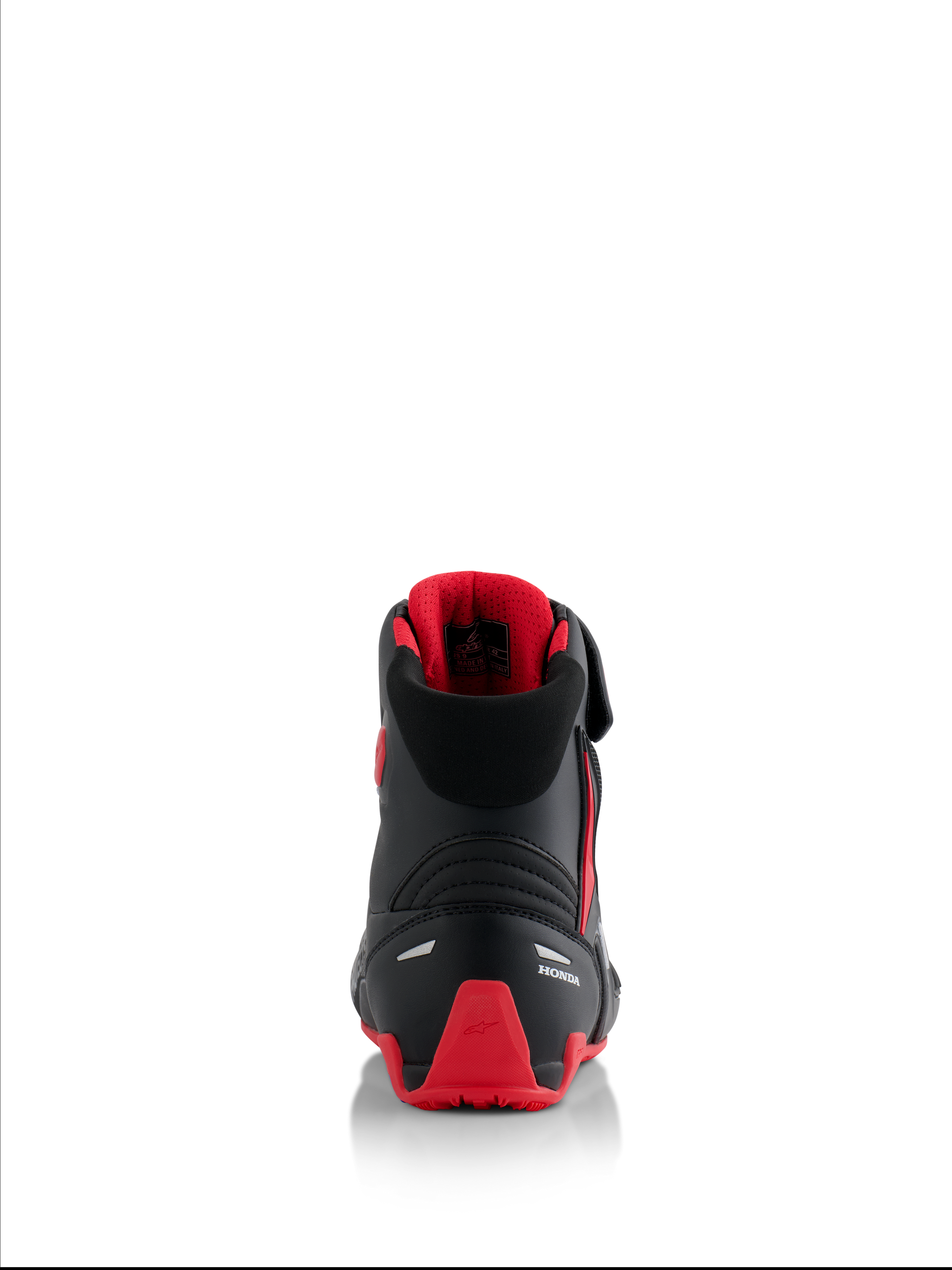 Alpinestars Honda Faster-4 Shoes, motorcycle riding shoes, Black and Red, rear view showing white Honda branding and red TPU heel counter, padded collar with red mesh lining, reflective accents for safety