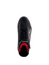 Alpinestars Honda Faster-4 Shoes, Motorcycle Riding Shoes, Black and Red, top-down view featuring black microfiber upper, red mesh interior, traditional black laces, and Alpinestars and Honda branding
