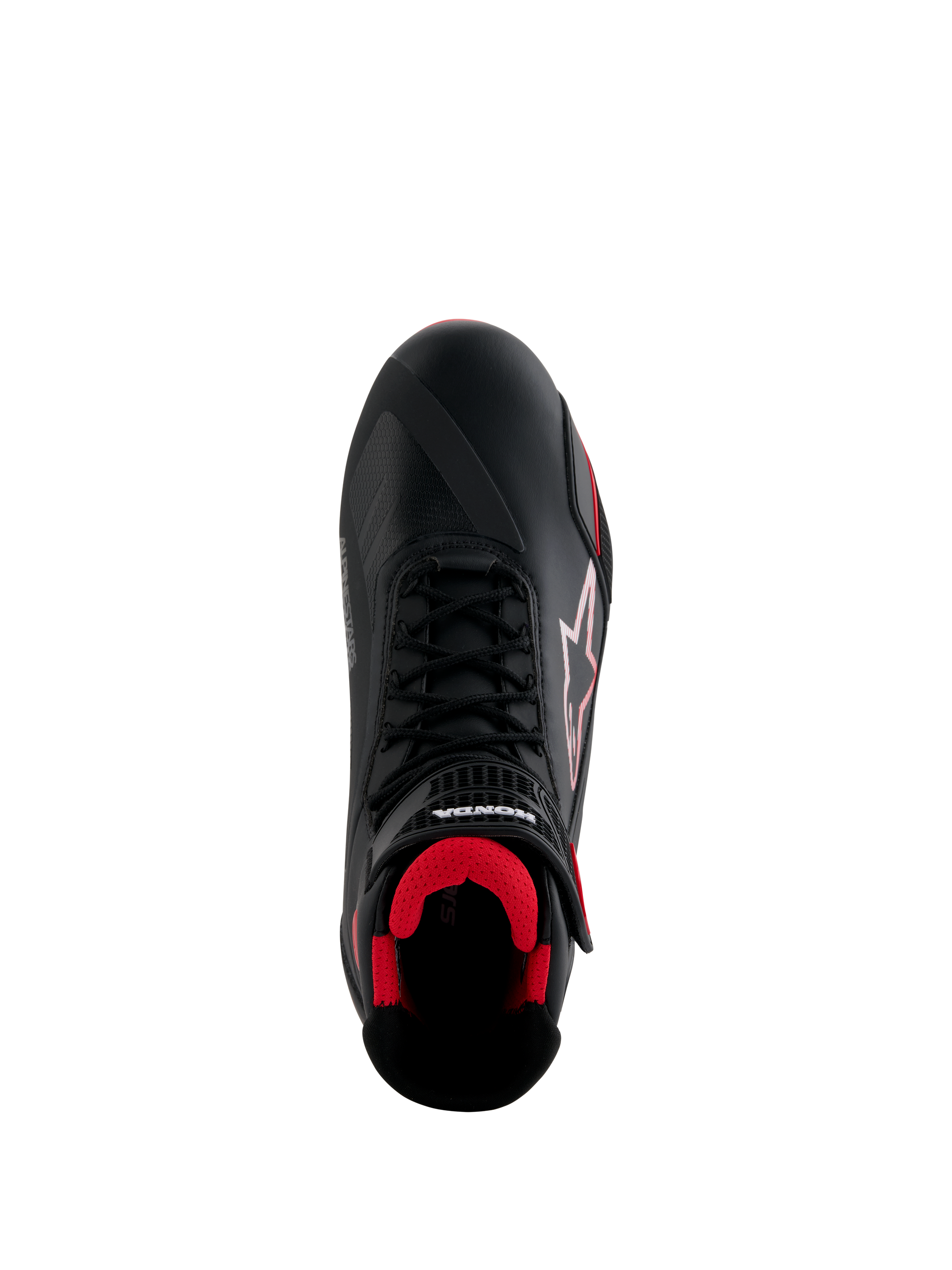 Alpinestars Honda Faster-4 Shoes, Motorcycle Riding Shoes, Black and Red, top-down view featuring black microfiber upper, red mesh interior, traditional black laces, and Alpinestars and Honda branding