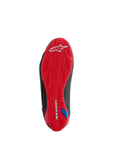 Alpinestars Honda Faster-4 Shoes, Sole View, Bright Red textured rubber outsole, features white Alpinestars logo on heel and wordmark on arch, integrated grip pattern for motorcycle riding, black side accents
