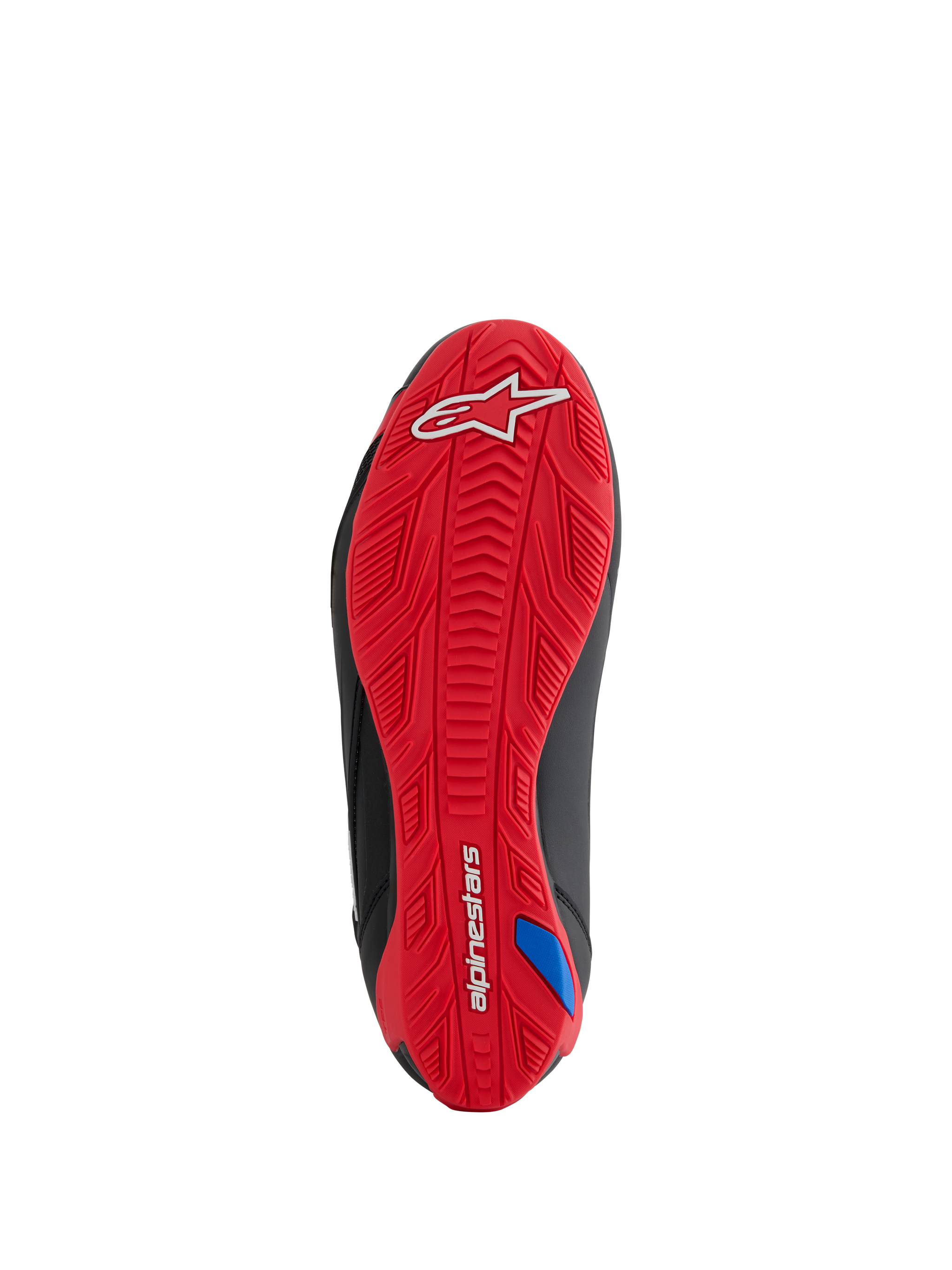 Alpinestars Honda Faster-4 Shoes, Sole View, Bright Red textured rubber outsole, features white Alpinestars logo on heel and wordmark on arch, integrated grip pattern for motorcycle riding, black side accents
