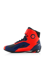 Alpinestars MM93 Faster-4 Shoes, Motorcycle Riding Shoes, Red Fluo and Dark Blue, side profile view featuring Marc Marquez branding, lace closure with top strap, sleek performance design for road riding