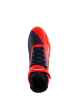Alpinestars MM93 Faster-4 Shoes, Motorcycle Riding Shoes, Red Fluo and Dark Blue, top-down view featuring traditional lace system and hook-and-loop ankle strap, asymmetric toe design for gear shift protection, vibrant performance footwear for road riding