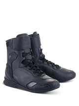 Alpinestars Superfaster Shoes, Black Black high-top motorcycle riding shoes, featuring a speed lace system, reinforced ankle and heel protection, sleek microfiber construction for road riding.