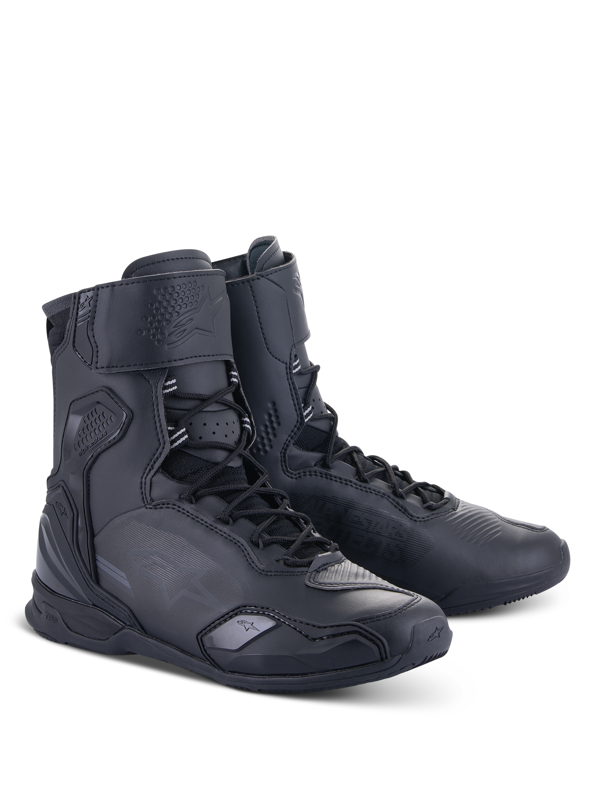 Alpinestars Superfaster Shoes, Black Black high-top motorcycle riding shoes, featuring a speed lace system, reinforced ankle and heel protection, sleek microfiber construction for road riding.