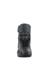 Alpinestars Superfaster Riding Shoes, Black Black, front view of tall motorcycle footwear featuring a speed lace system, wide top strap with embossed logo, and streamlined protective design