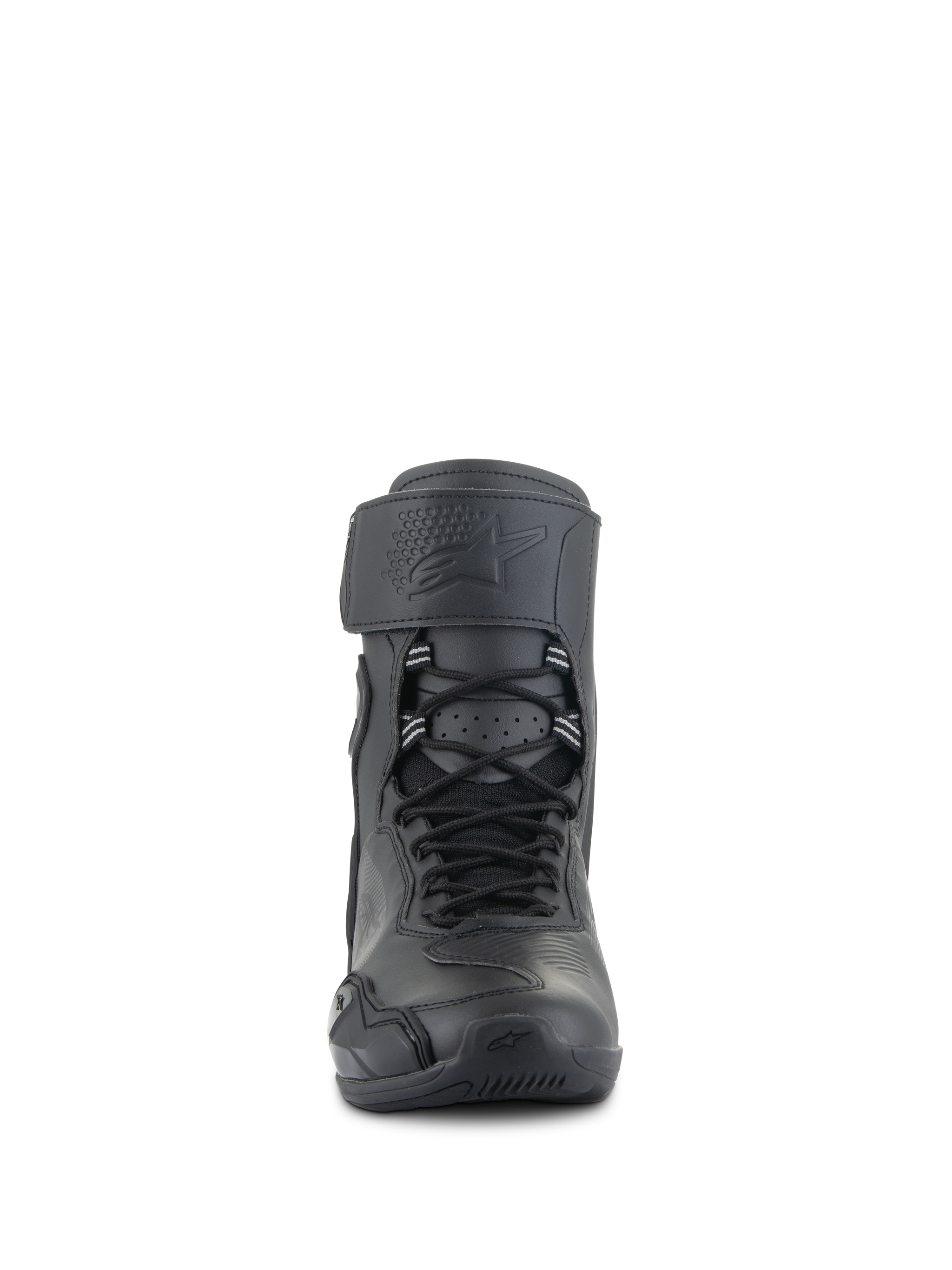 Alpinestars Superfaster Riding Shoes, Black Black, front view of tall motorcycle footwear featuring a speed lace system, wide top strap with embossed logo, and streamlined protective design
