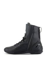 Alpinestars Superfaster Shoes, Motorcycle Riding Shoes, Black Black, featuring a tall 25cm profile with a long medial side zip and speed lace system, sleek all-black microfiber design with reinforced heel.