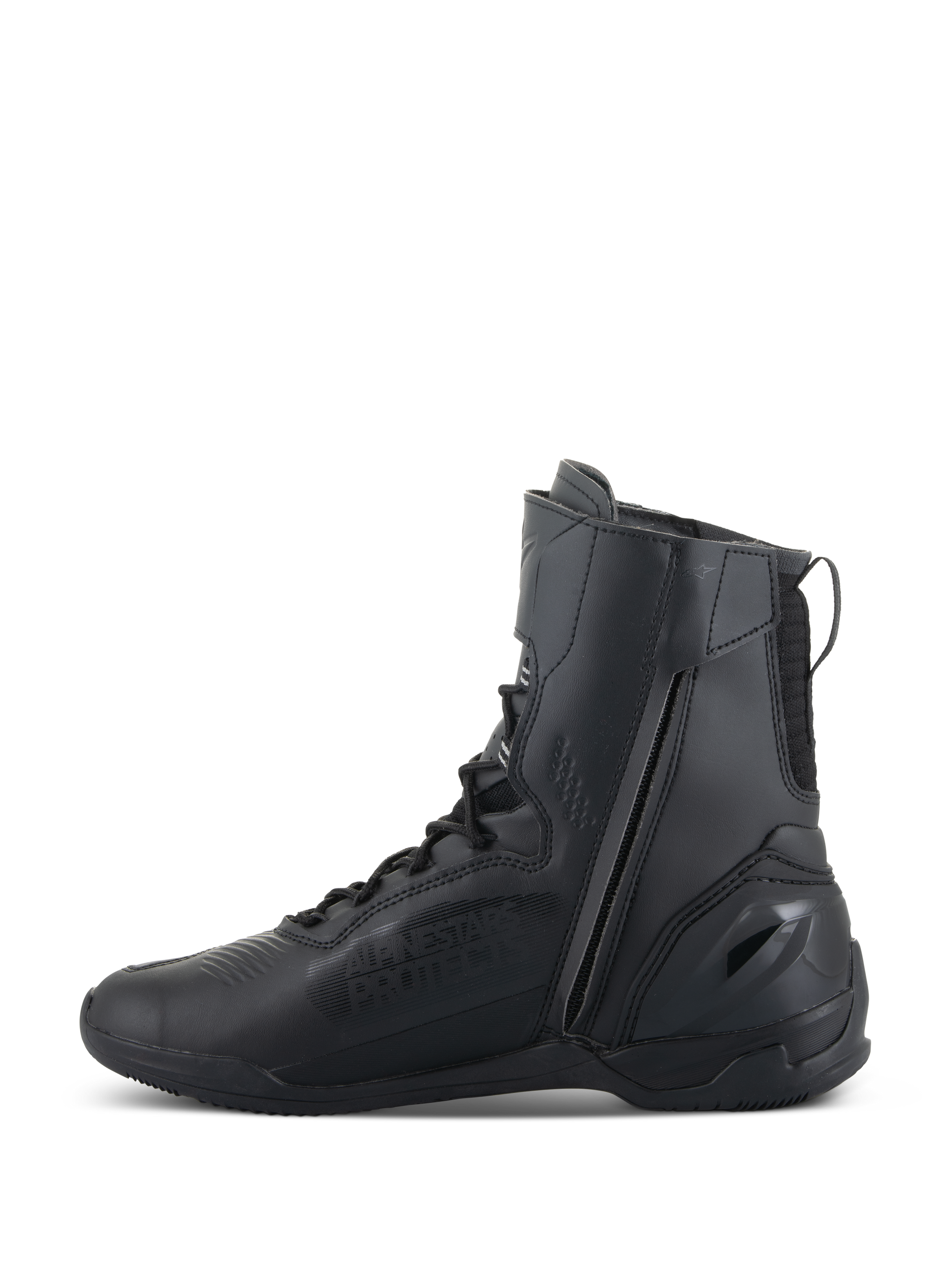 Alpinestars Superfaster Shoes, Motorcycle Riding Shoes, Black Black, featuring a tall 25cm profile with a long medial side zip and speed lace system, sleek all-black microfiber design with reinforced heel.