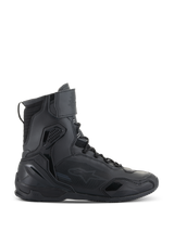 Alpinestars Superfaster Shoes, Motorcycle Riding Shoes, Black, side profile view of high-top technical footwear with integrated protection, speed lace system, and velcro ankle strap