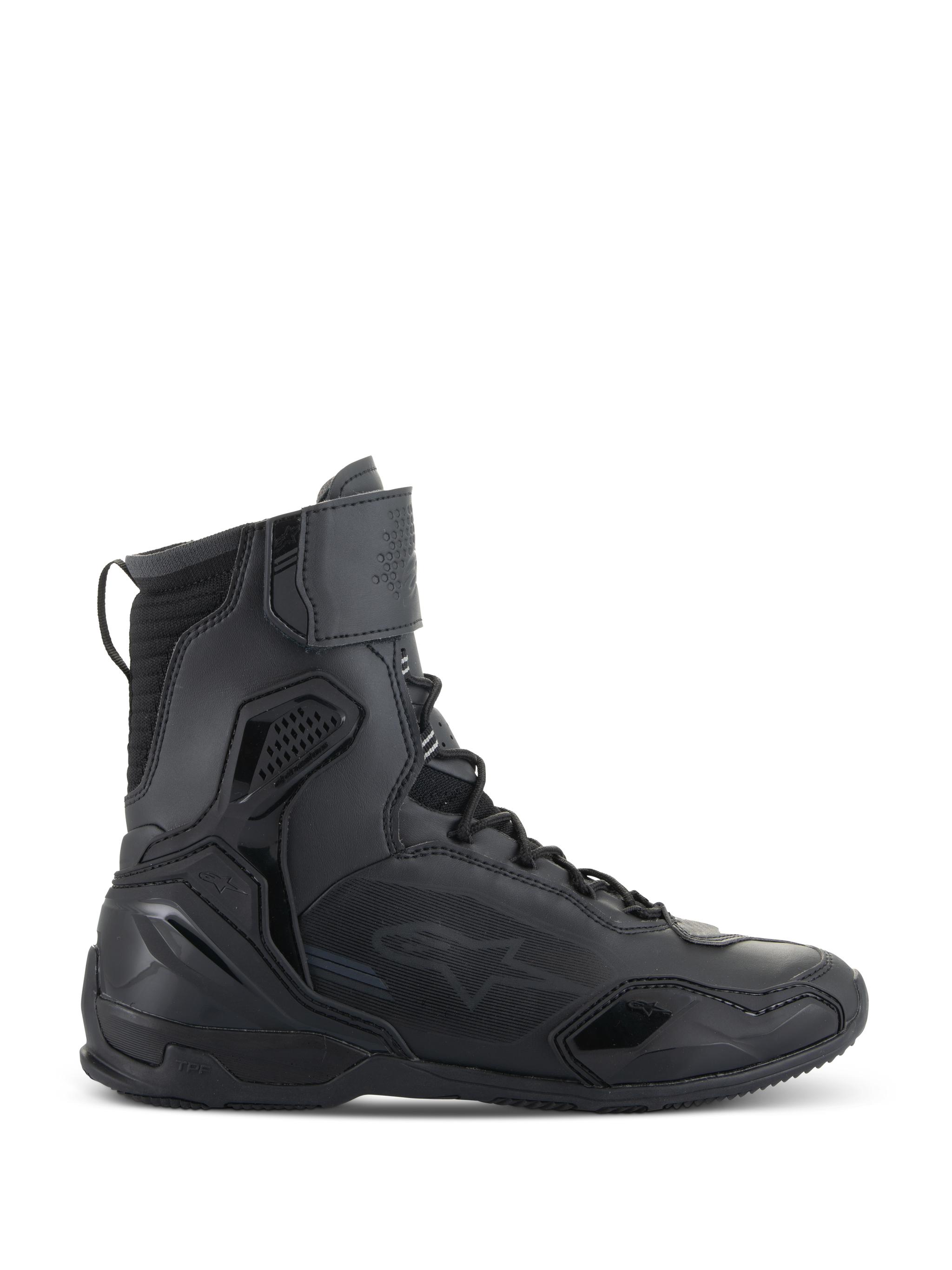 Alpinestars Superfaster Shoes, Motorcycle Riding Shoes, Black, side profile view of high-top technical footwear with integrated protection, speed lace system, and velcro ankle strap
