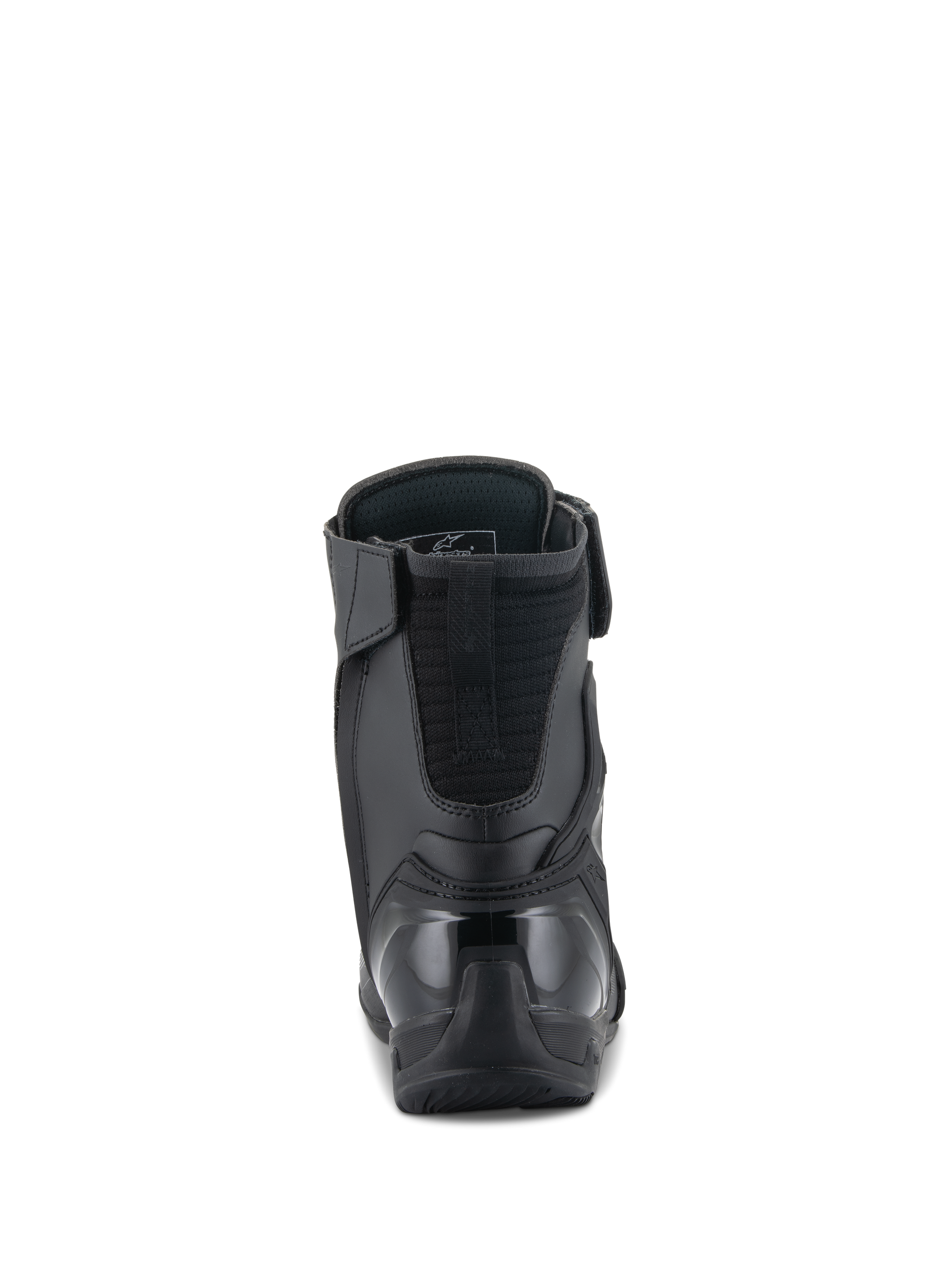 Alpinestars Superfaster Shoes, Motorcycle Riding Shoes, Black, Rear view featuring a reinforced TPU heel counter and padded Achilles extension, sleek high-top design for sport riding protection