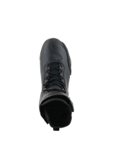Alpinestars Superfaster Shoes, Motorcycle Riding Shoes, Black on Black, top-down view highlighting the speed lace system and high-top collar, sleek technical design with reinforced toe area.
