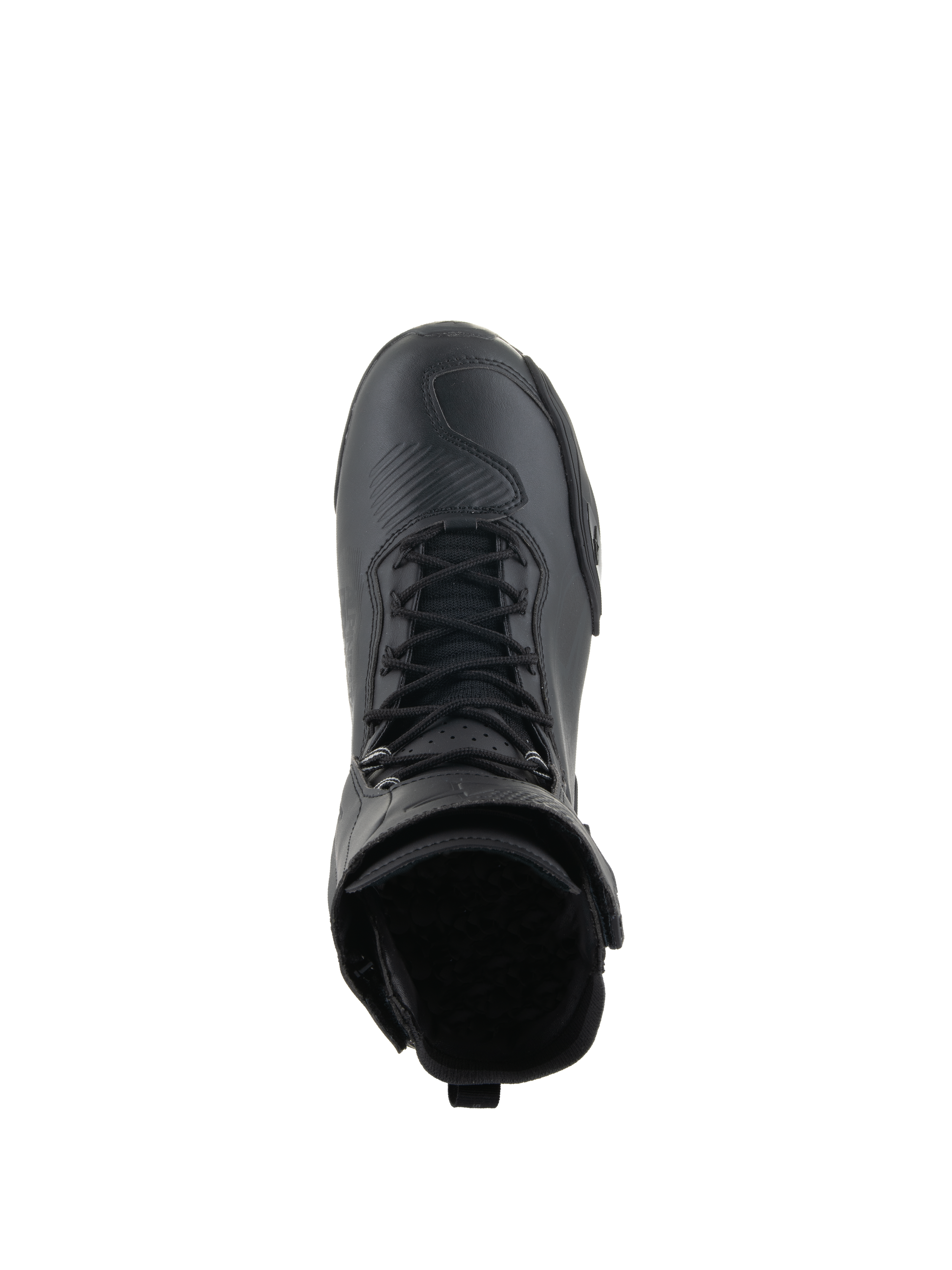 Alpinestars Superfaster Shoes, Motorcycle Riding Shoes, Black on Black, top-down view highlighting the speed lace system and high-top collar, sleek technical design with reinforced toe area.