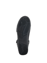 Alpinestars Superfaster Shoes, Black, bottom view showing the rubber sole with engineered grip and tread patterns, featuring the Alpinestars logo and branding, designed for motorcycle riding stability.