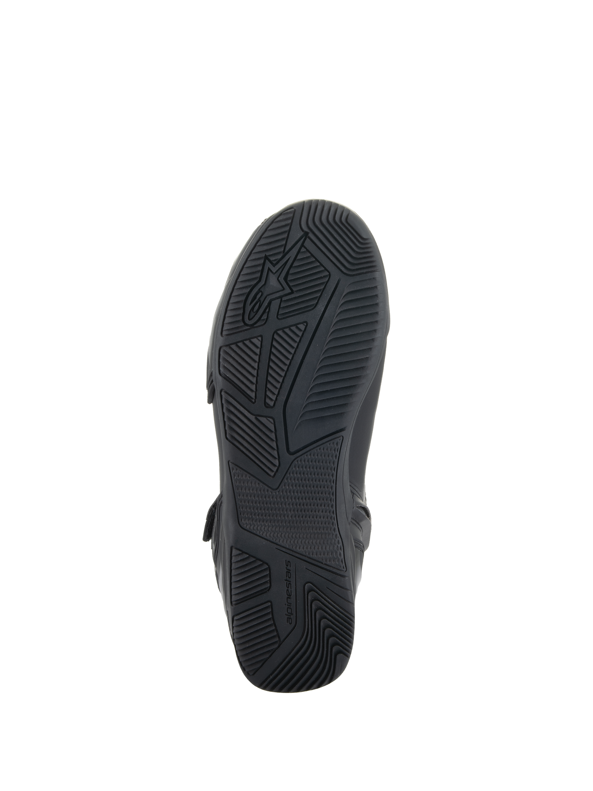 Alpinestars Superfaster Shoes, Black, bottom view showing the rubber sole with engineered grip and tread patterns, featuring the Alpinestars logo and branding, designed for motorcycle riding stability.