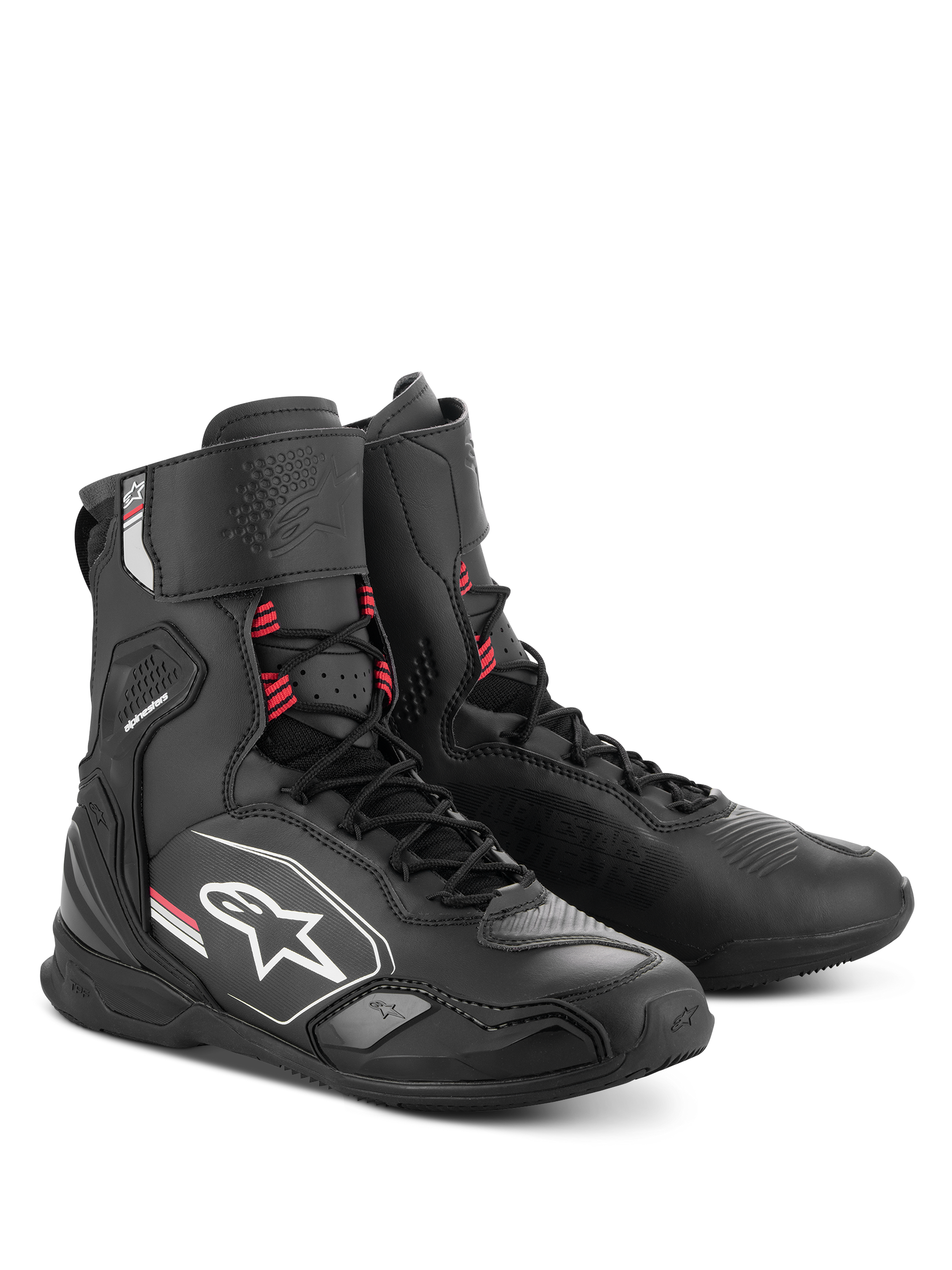 Alpinestars Superfaster Shoes, Motorcycle Riding Shoes, Black Gray Bright Red, tall profile with integrated shin and ankle protection, speed lace system, sleek athletic design with Alpinestars logo branding