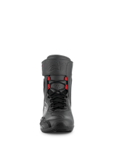 Alpinestars Superfaster Shoes, motorcycle riding shoes in Black Gray and Bright Red, front view showing speed laces with red loops, tall protective profile with ankle strap, reinforced toe, and technical design for road and sport performance