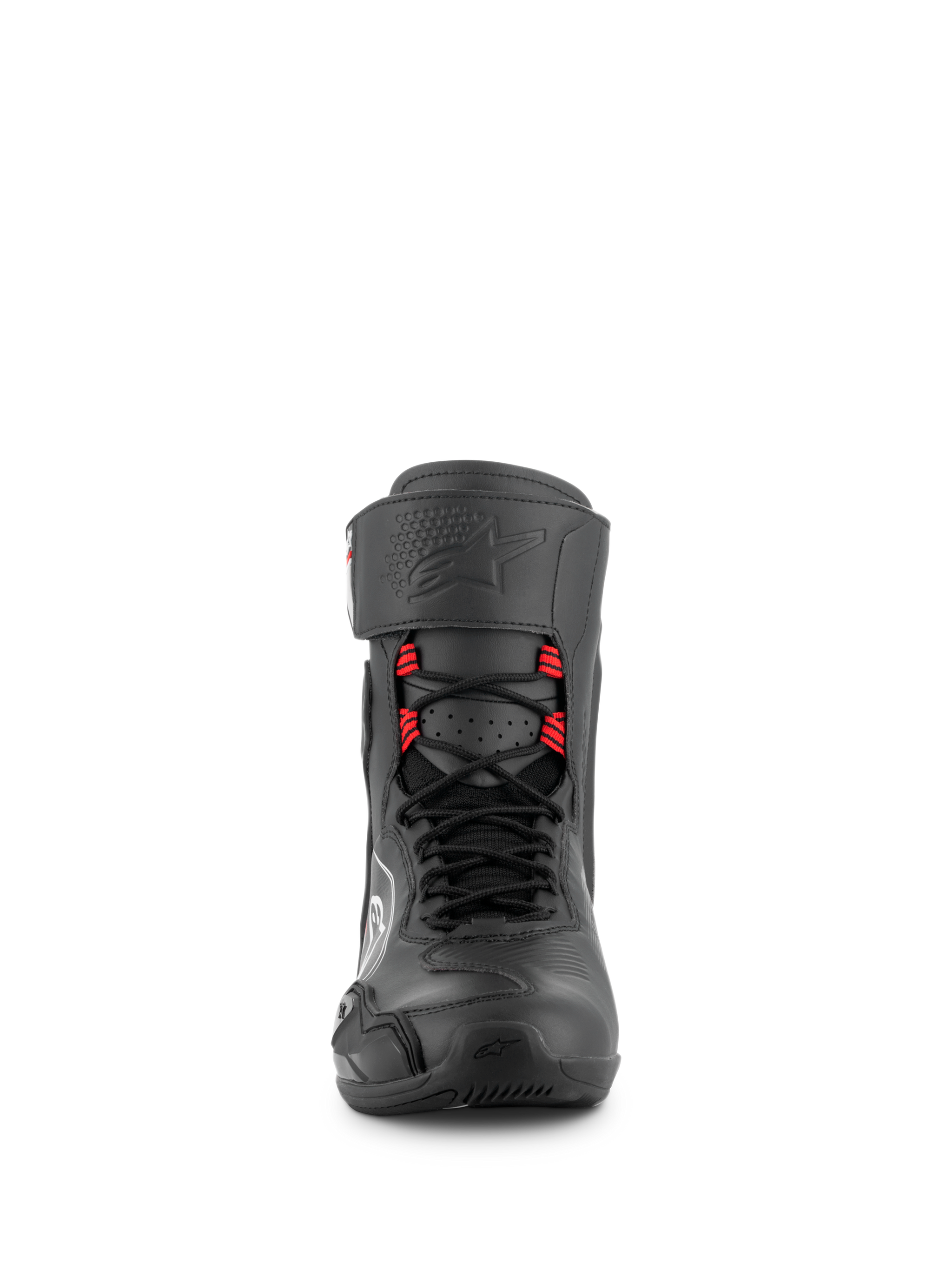 Alpinestars Superfaster Shoes, motorcycle riding shoes in Black Gray and Bright Red, front view showing speed laces with red loops, tall protective profile with ankle strap, reinforced toe, and technical design for road and sport performance