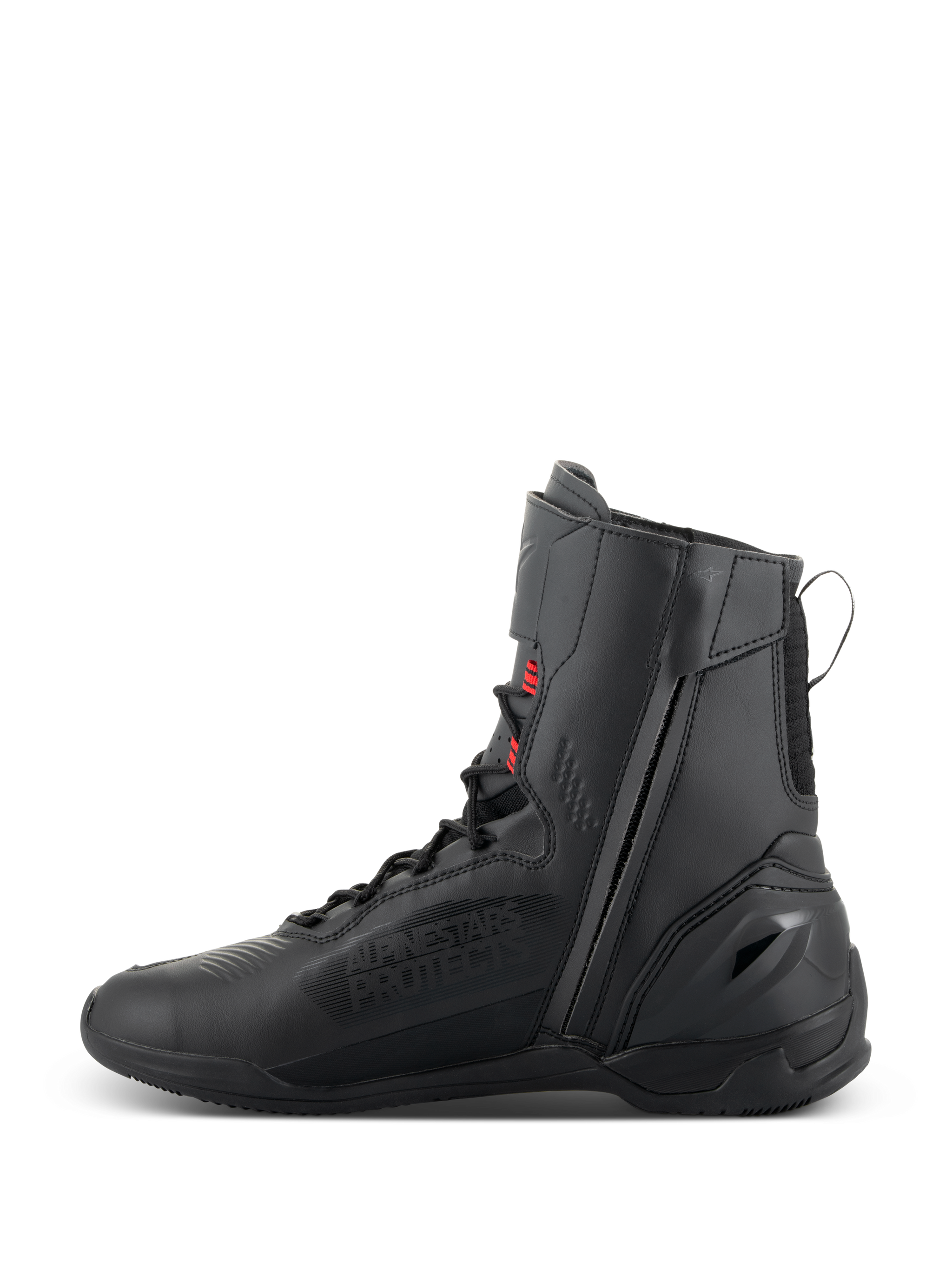 Alpinestars Superfaster Shoes, Motorcycle Riding Shoes, Black Gray and Bright Red, high-top profile with medial side zipper and speed laces, technical microfiber and Rideknit construction for performance road riding