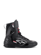 Alpinestars Superfaster Shoes, high-cut motorcycle riding shoes, Black Gray and Bright Red, side profile view featuring the white Alpinestars logo, reinforced ankle and heel protection, lace-up system with a top strap.
