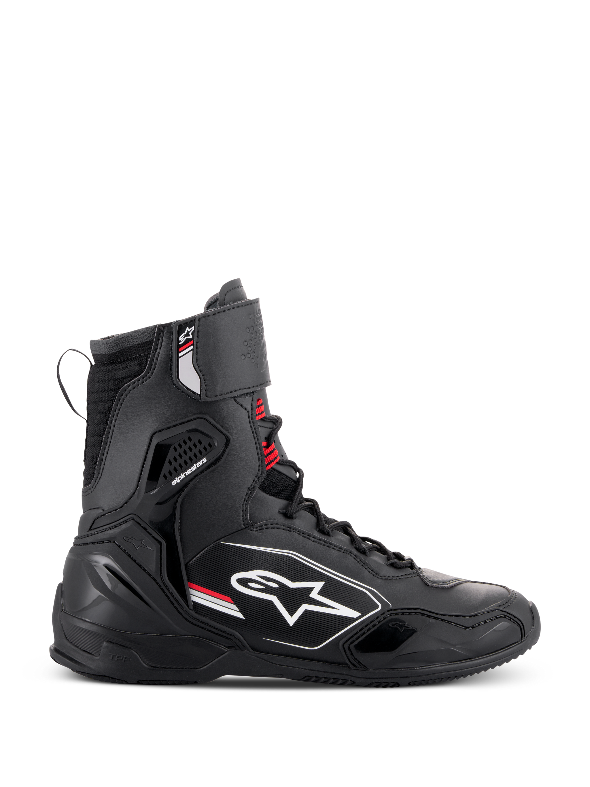 Alpinestars Superfaster Shoes, high-cut motorcycle riding shoes, Black Gray and Bright Red, side profile view featuring the white Alpinestars logo, reinforced ankle and heel protection, lace-up system with a top strap.