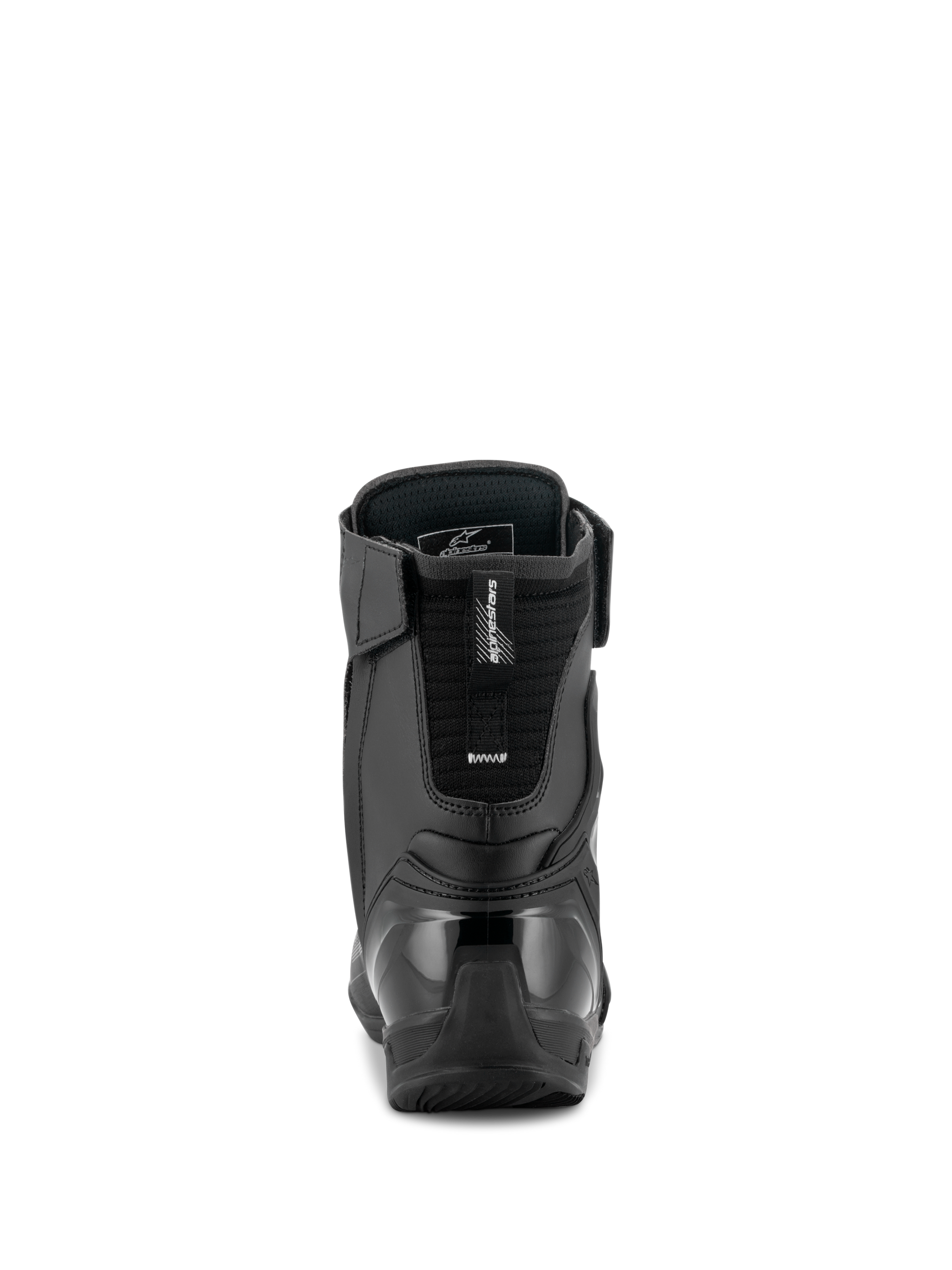 Alpinestars Superfaster Shoes, Black Gray Bright Red, rear view showing the reinforced TPU heel counter and Achilles extension, technical high-top motorcycle riding shoe with microfiber panels.