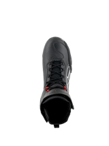 Alpinestars Superfaster Shoes, Black/Gray/Bright Red motorcycle riding shoes, top-down view showing black speed laces with red accents, reinforced toe box and tall ankle collar, technical footwear for road and sport riding