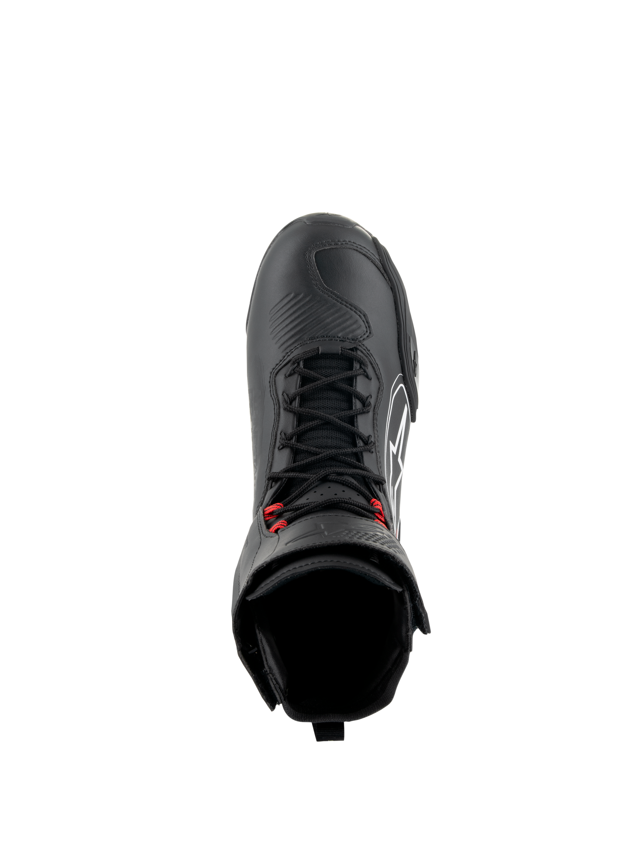 Alpinestars Superfaster Shoes, Black/Gray/Bright Red motorcycle riding shoes, top-down view showing black speed laces with red accents, reinforced toe box and tall ankle collar, technical footwear for road and sport riding