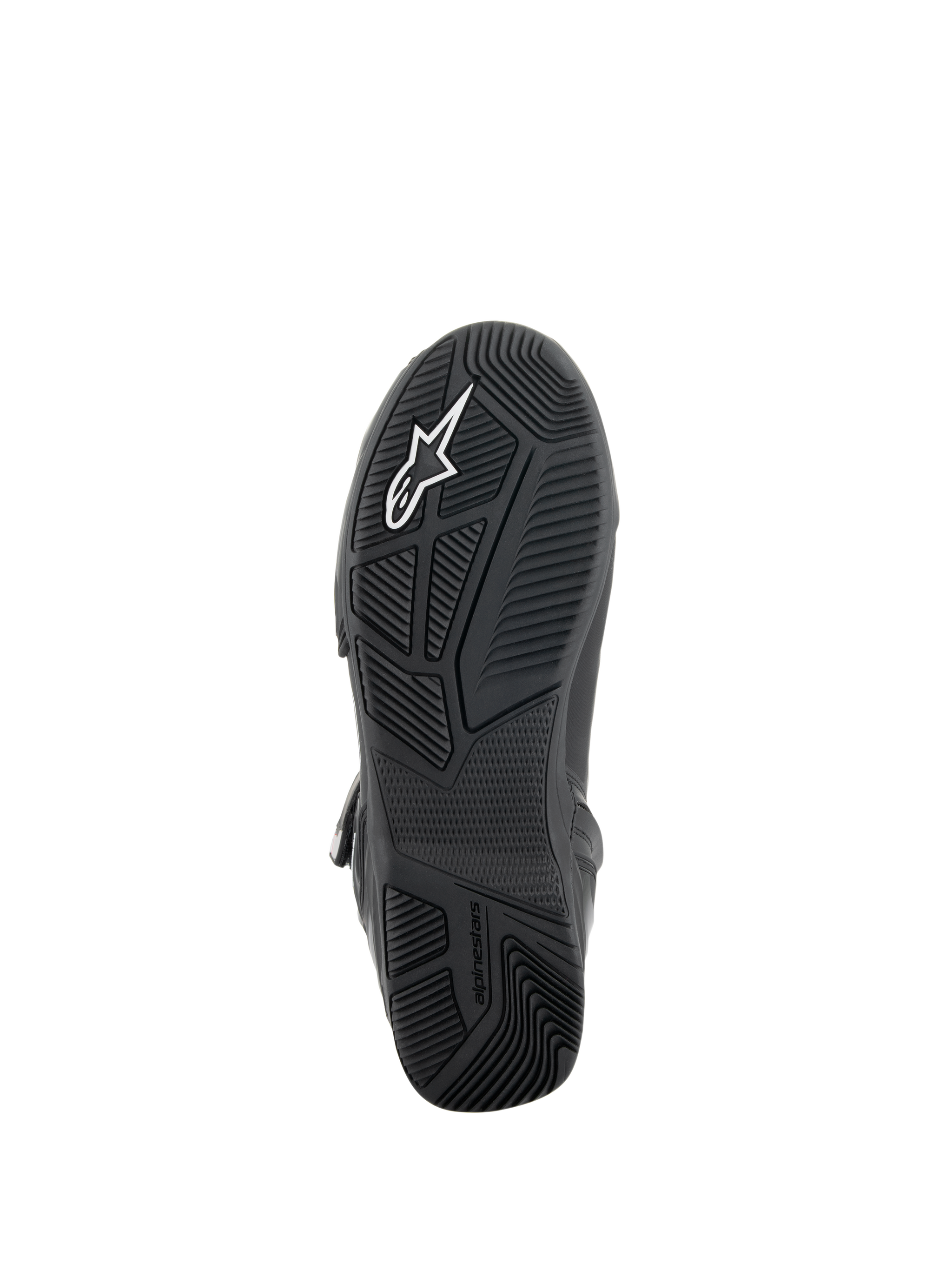 Alpinestars Superfaster Shoes, Black/Gray/Bright Red, bottom view of the black rubber sole featuring an engineered tread pattern for grip, TPF protection frame integration, and white Alpinestars logo.