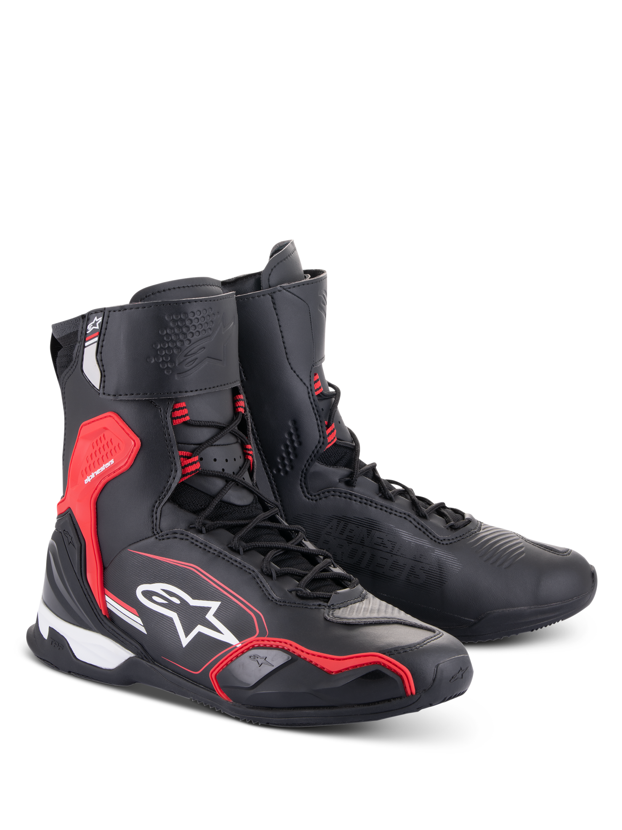 Alpinestars Superfaster Shoes, Motorcycle Riding Shoes, Black Bright Red and White, high-top design with speed lace system, reinforced ankle and heel protection, featuring Alpinestars branding and technical microfiber construction