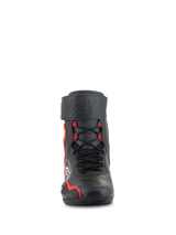 Alpinestars Superfaster Shoes, high-cut motorcycle riding shoes, black with bright red and white accents, front view featuring speed lace system, protective shin strap with debossed star logo, and reinforced toe area.