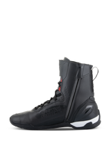 Alpinestars Superfaster Shoes, high-top motorcycle riding shoes, Black with Bright Red and White accents, featuring a medial side zipper, speed lace system, and reinforced TPU heel counter, sleek athletic design for road and sport riding