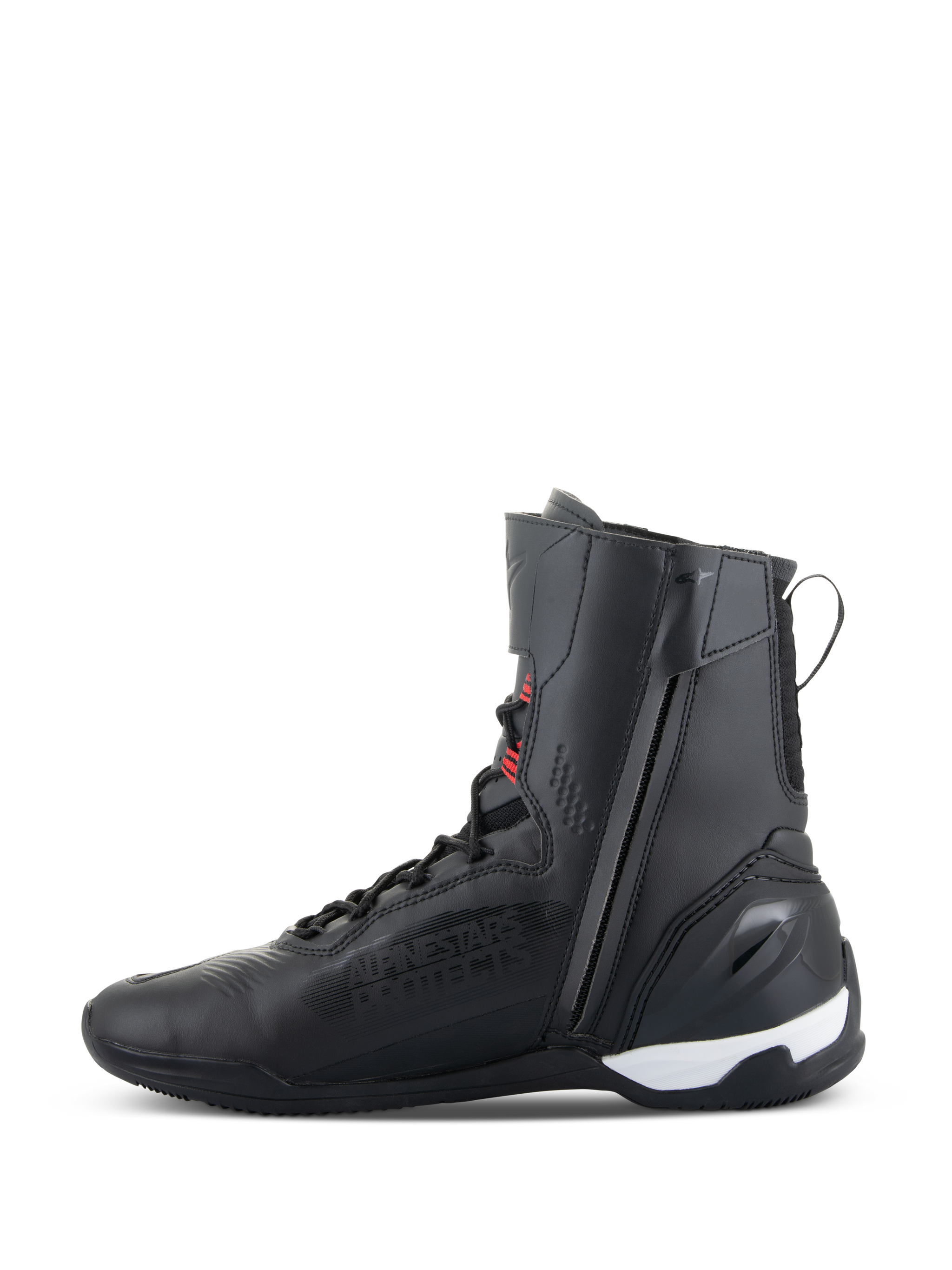 Alpinestars Superfaster Shoes, high-top motorcycle riding shoes, Black with Bright Red and White accents, featuring a medial side zipper, speed lace system, and reinforced TPU heel counter, sleek athletic design for road and sport riding