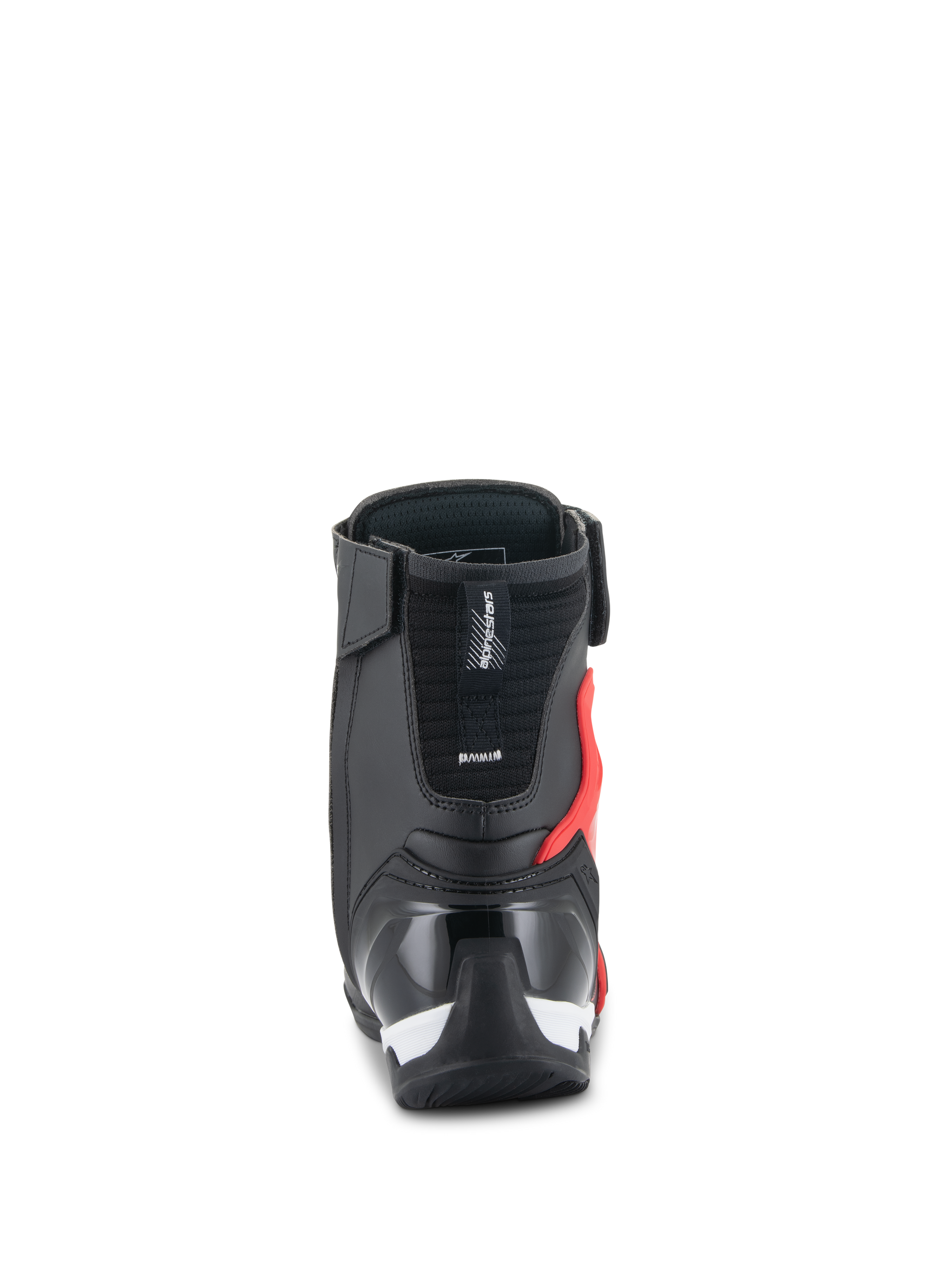 Alpinestars Superfaster Shoes, Motorcycle Riding Shoes, Black Bright Red and White, rear view showing reinforced TPU heel counter and Achilles protector, high-top technical design.