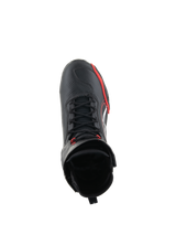 Alpinestars Superfaster Shoes, Motorcycle Riding Shoes, Black Bright Red and White, top-down view showing speed lace system and high-top collar, professional gear for road and sport riding