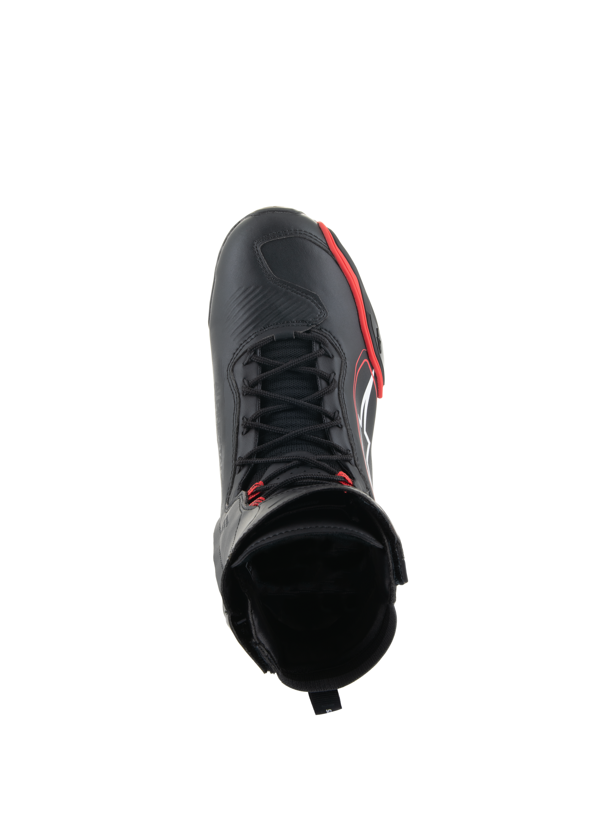 Alpinestars Superfaster Shoes, Motorcycle Riding Shoes, Black Bright Red and White, top-down view showing speed lace system and high-top collar, professional gear for road and sport riding