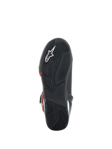 Alpinestars Superfaster Shoes, sole view, black rubber outsole with engineered grip pattern, featuring white Astars logo and embossed Alpinestars branding, designed for motorcycle riding and walking comfort